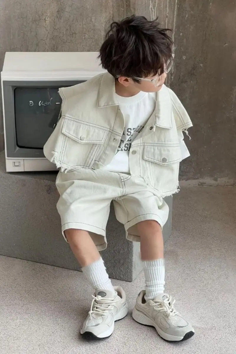 Kids Sets Boys Summer Suit Korean New Fashion Casual Denim Sleeveless Single-Breasted Vest Knee-length Shorts Two Piece Set
