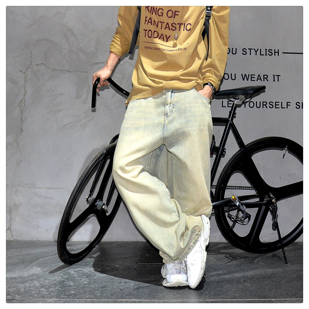Men's Streetwear Baggy Cargo Jeans – Yellow Mud-Dye Distressed Denim Hip Hop Pants