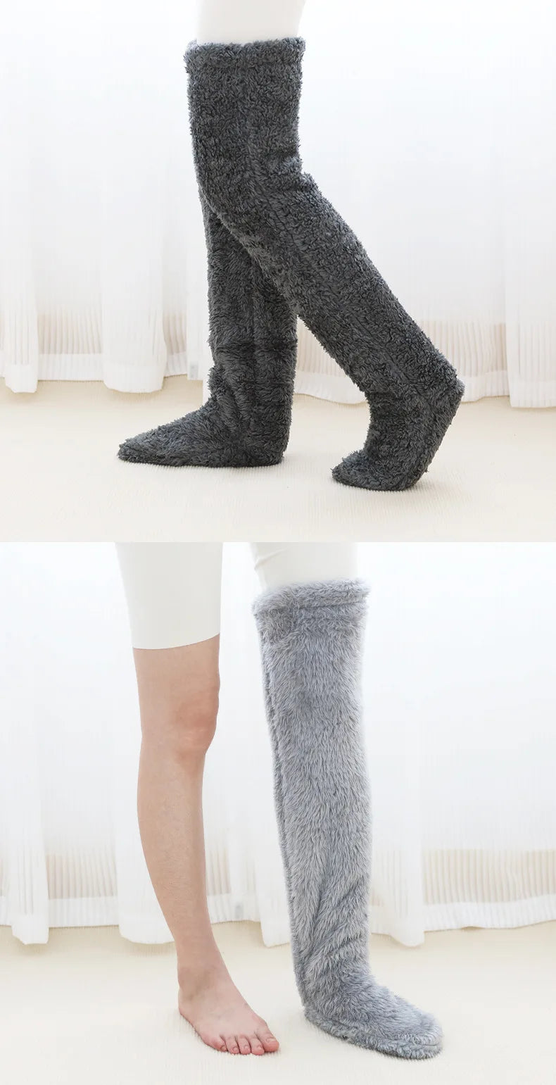 Over Knee Long Winter Socks Thigh High Double-sided Fleece Stockings Socks Solid Color Plush Leg Home Office Warmers