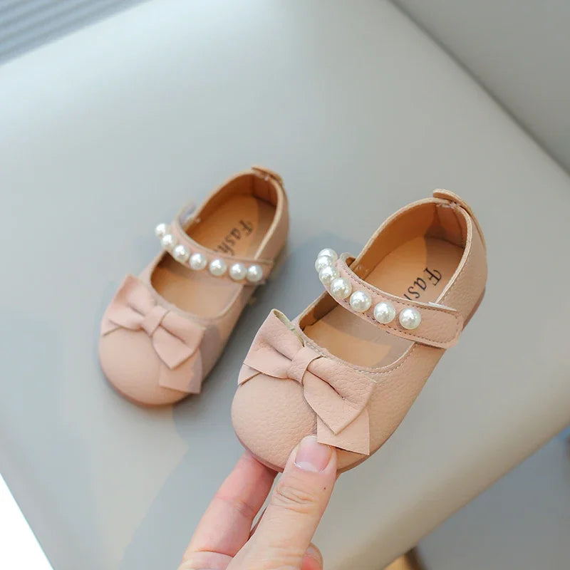 Baby Toddler Girls Party Shoes Leather Pearls Beaded with Butterfly-knot Kids Mary Janes PU Leather Soft Cute Flats