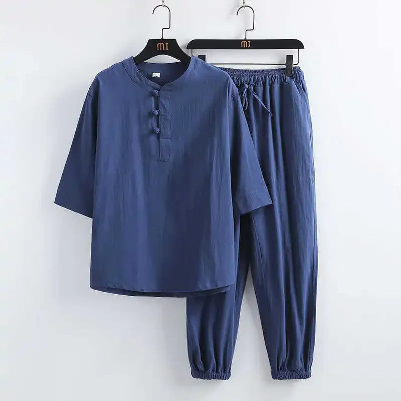 Trendy Brand Hemp Suit Men's Summer Thin Sports Casual Sitting Zen Meditation Clothes Cotton Linen Style Robe