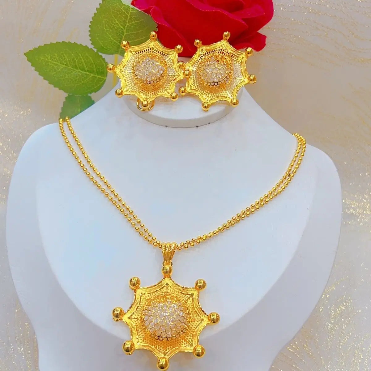 New Dubai 24K Gold-Plated Necklace and Earrings Set for Women's Wedding or Party Jewelry