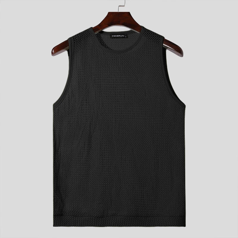 INCERUN American Style Men's Solid Hollow O-neck Design Vests, Leisure Streetwear Sleeveless T-shirt Tank Tops (S-2XL)