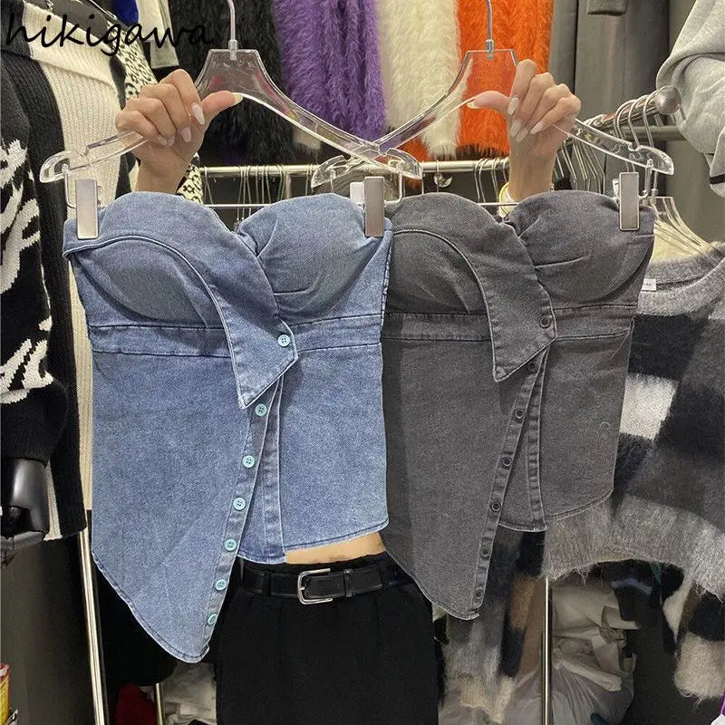 Harajuku Y2K Irregular Denim Tank Top for Women – Backless Streetwear Camisole, Korean Summer Fashion 2025