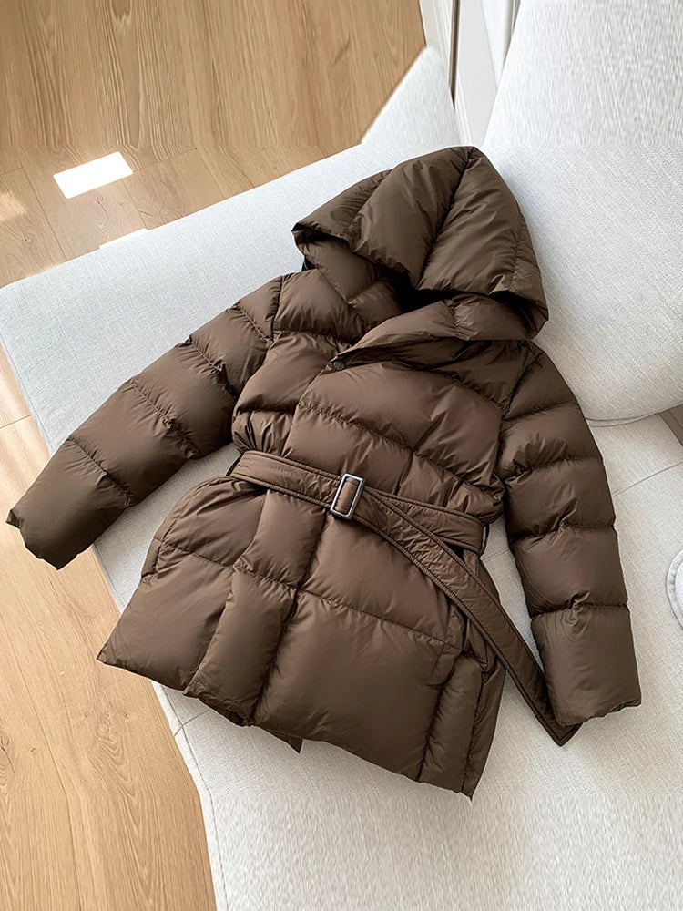 Women's Winter Jackets Ultra Light Warm Puffer Jacket With Belt Plus Size Hooded Female Jacket