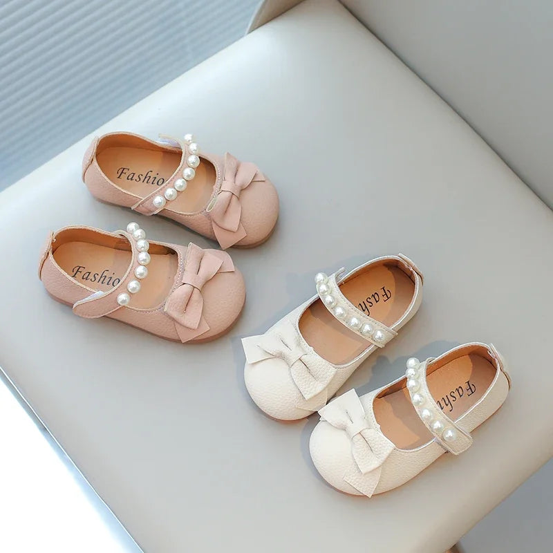 Baby Toddler Girls Party Shoes Leather Pearls Beaded with Butterfly-knot Kids Mary Janes PU Leather Soft Cute Flats
