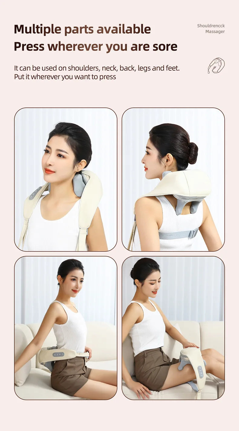 20W Wireless Neck & Shoulder Massager – Beige Kneading Massage Shawl for Back, Cervical & Trapezius