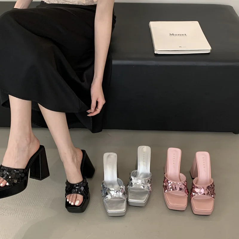 Silver & Pink Chunky Heel Platform Sandals – Square Toe Slip-On High Heels for Women
