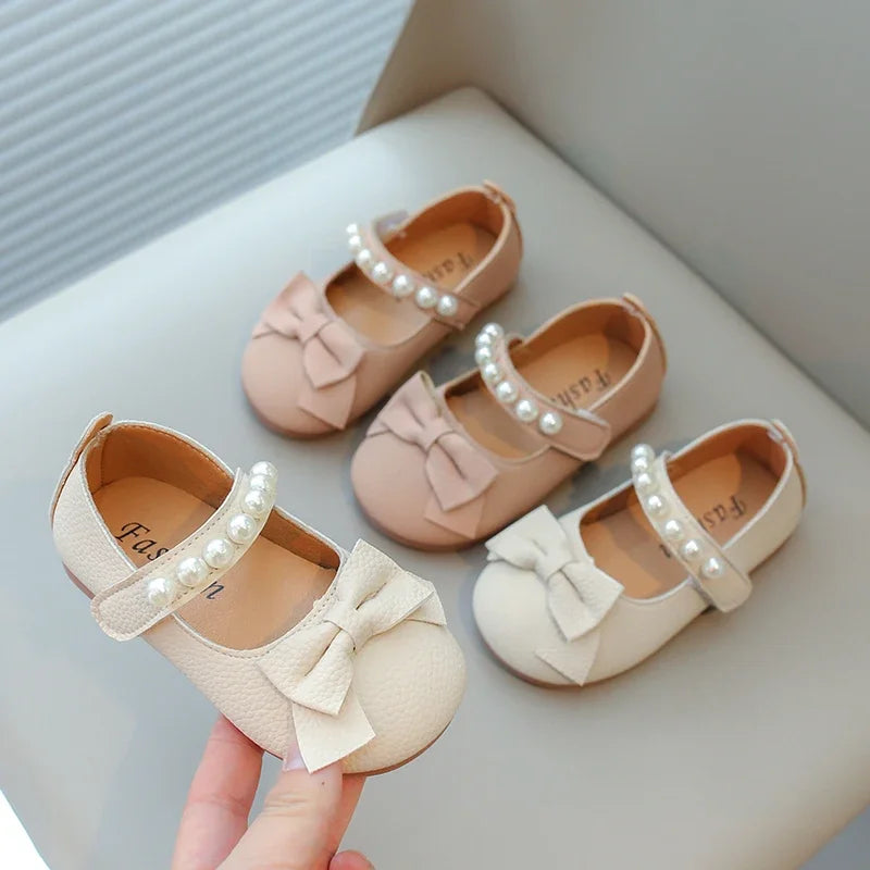 Baby Toddler Girls Party Shoes Leather Pearls Beaded with Butterfly-knot Kids Mary Janes PU Leather Soft Cute Flats
