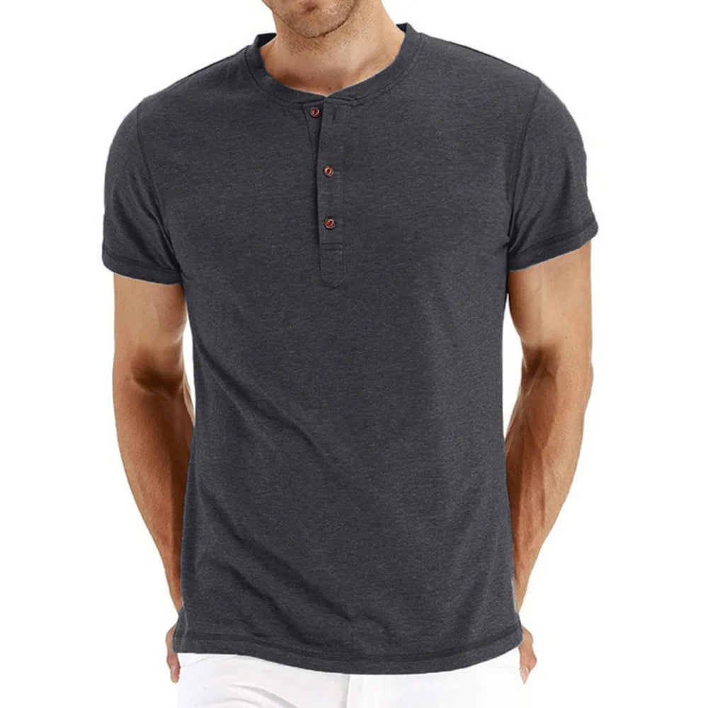 High Quality Cotton Henley T-Shirt for Men – Slim Fit, Short Sleeve, Solid Color, Fashion Casual Tee