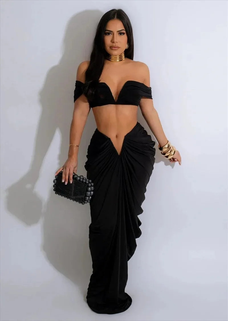 Party Night Ruched Maxi Dress Sets for Women Two Piece Set Sexy Club Outfits Slash Neck Crop Top + Long Skirt Matching Sets