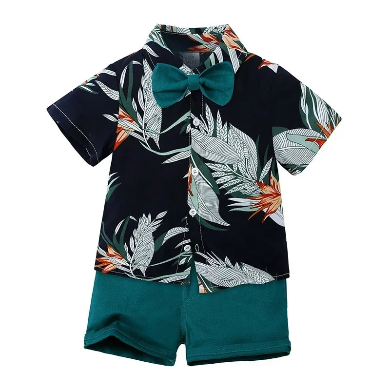 Baby Boys Summer Hawaiian Outfit – Infant & Toddler Gentleman Set with Floral Shirt, Bowtie & Shorts