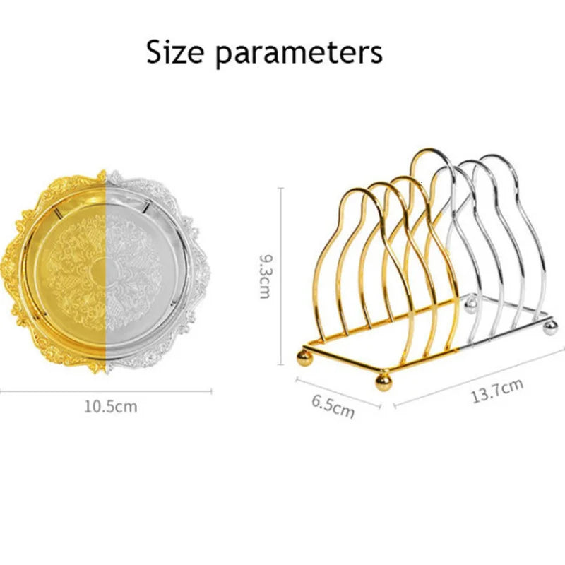 Vintage Golden Cocktail Coaster Metal Exquisite Cake Tray Set Silver Plated Mat Placemat Snack  Dishes Rack Set