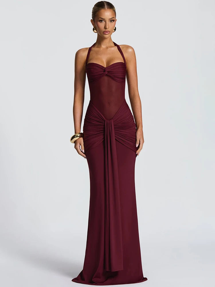 Women's Halter Backless Maxi Dress – Off-Shoulder, Sleeveless, Ruched Bodycon Club & Party Dress with Patchwork Draped Design