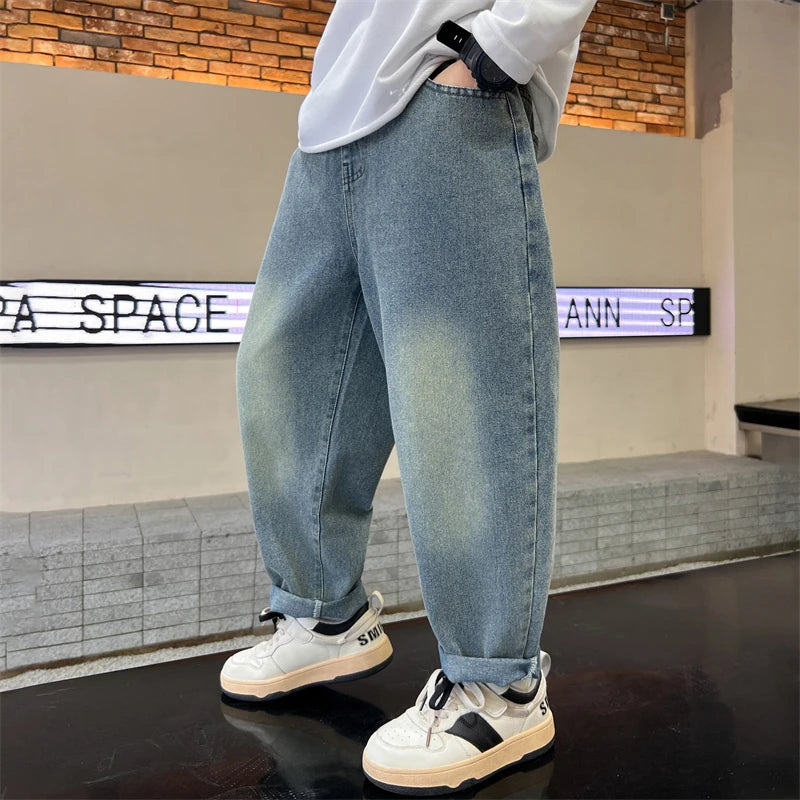 Boys' Straight-Leg Jeans –Street Style, Wide-Leg Fit with Back Pocket Letter Design, Sizes for Medium and Big Kids