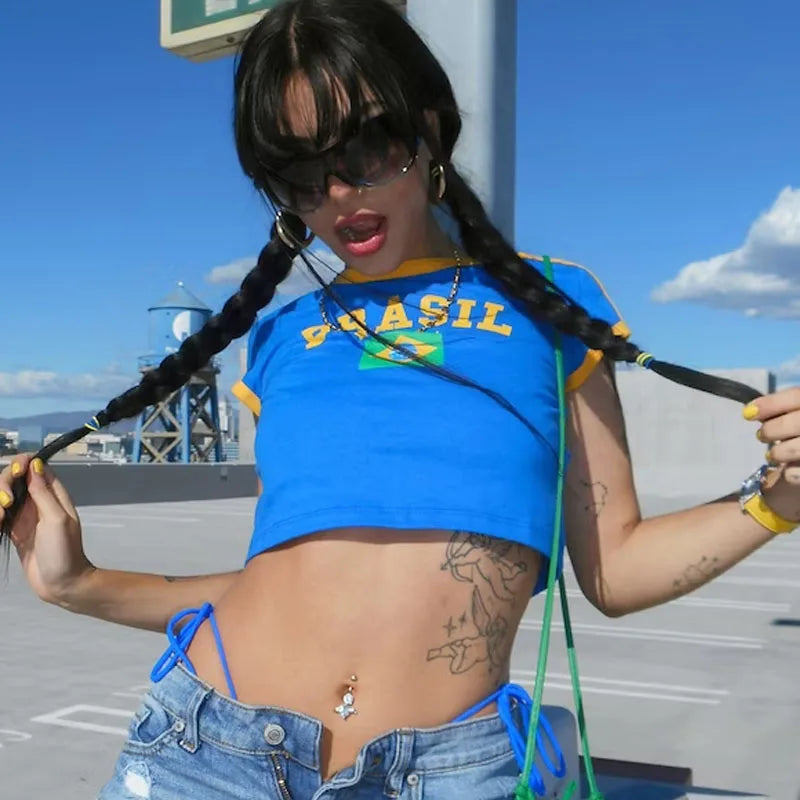 Y2K Aesthetic Summer Crop Top Streetwear Portugal Letter Print Women Short Sleeved Vintage T-shirts