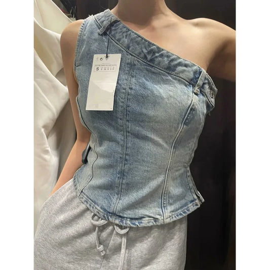 Vintage Denim Crop Top for Women – 2025 Y2K Streetwear Corset Vest Summer Fashion