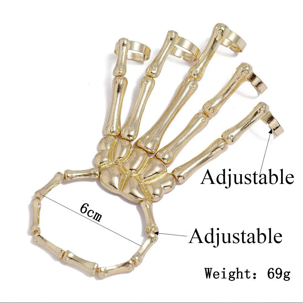 Gothic Skeleton Hand Bracelet with Adjustable Finger Rings, Zinc Alloy Bone Hand Jewellery for Halloween Costumes and Punk Outfits