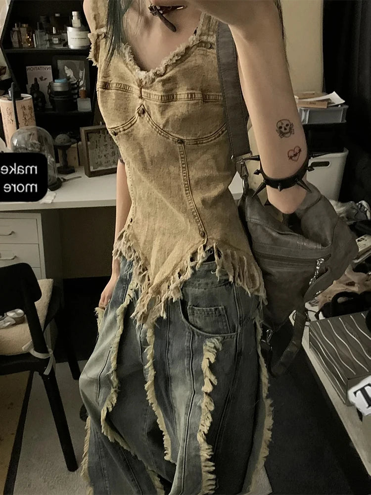 Vintage Denim Vest for Women – Y2K Streetwear Sleeveless Tunic with Tassels, Irregular Hem Casual Summer Tank Top