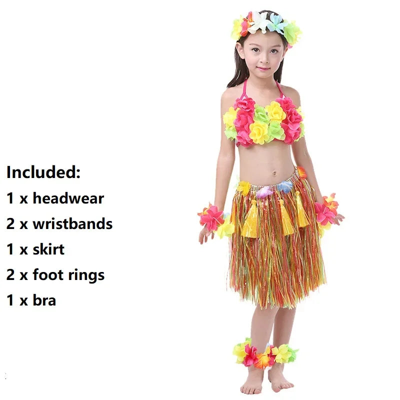 Hawaiian Hula Costume Set for Kids & Teens – Grass Skirt, Top, Flower Lei Necklace, Headband, Anklets & Bracelets (40 cm)