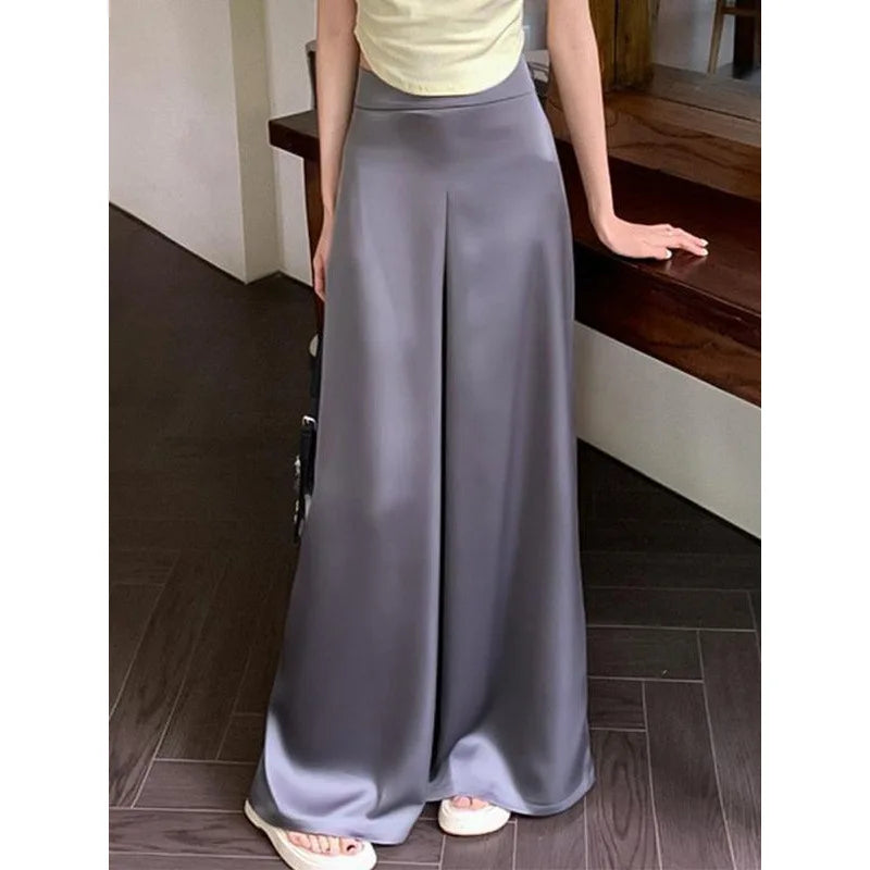 Women's High-Waisted White Satin Wide-Leg Pants – Elegant Floor-Length Spring/Summer Trousers
