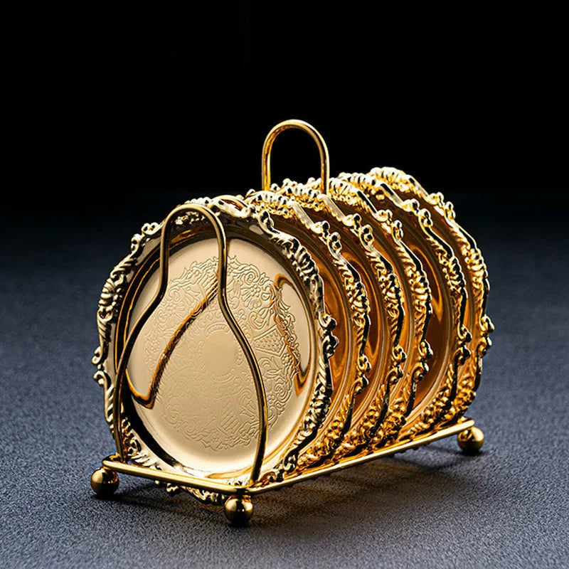 Vintage Golden Cocktail Coaster Metal Exquisite Cake Tray Set Silver Plated Mat Placemat Snack  Dishes Rack Set