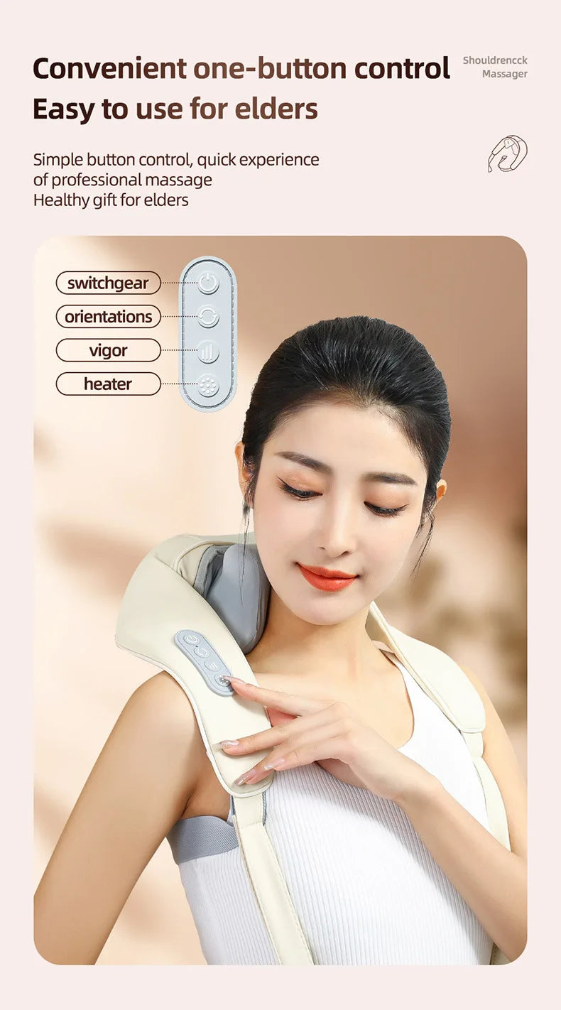 20W Wireless Neck & Shoulder Massager – Beige Kneading Massage Shawl for Back, Cervical & Trapezius