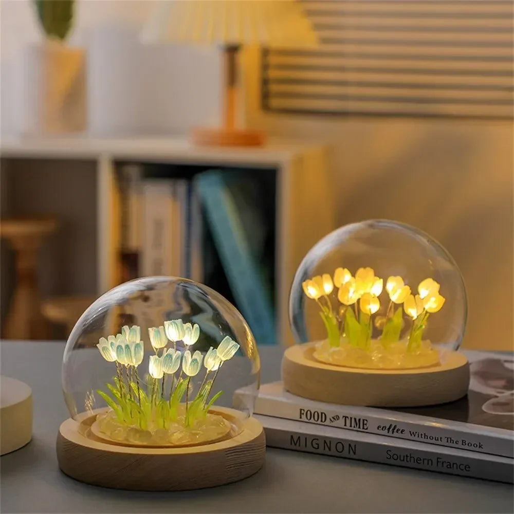 Handmade Artificial Tulip LED Night Light – DIY Transparent Cover Bedside Lamp | Home Decor & Ambient Lighting
