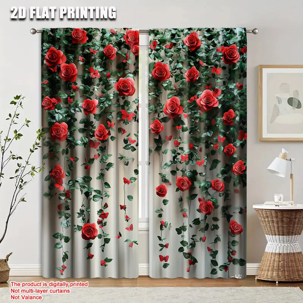 2Pcs 2D Flat Printed Rose & Butterfly Scene Curtains – Floral Polyester Panels, Machine Washable, No Electricity Required, Party or Room Decoration