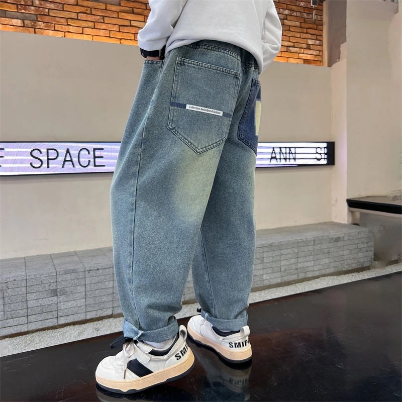 Boys' Straight-Leg Jeans –Street Style, Wide-Leg Fit with Back Pocket Letter Design, Sizes for Medium and Big Kids