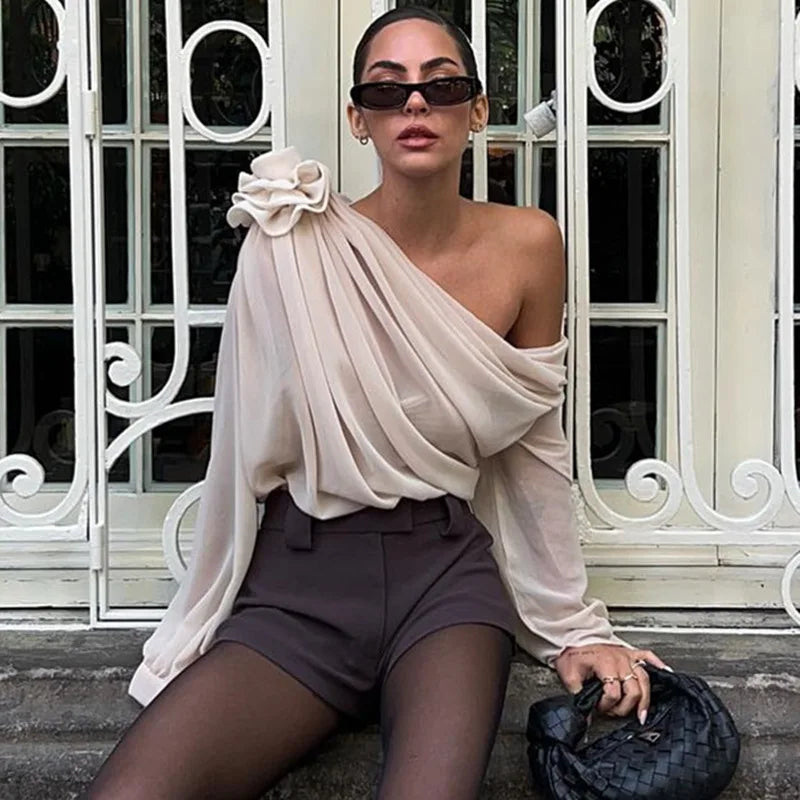 Women Chiffon Blouse Fashion OL One Shoulder Off Long Sleeve Blouse Female T Shirt