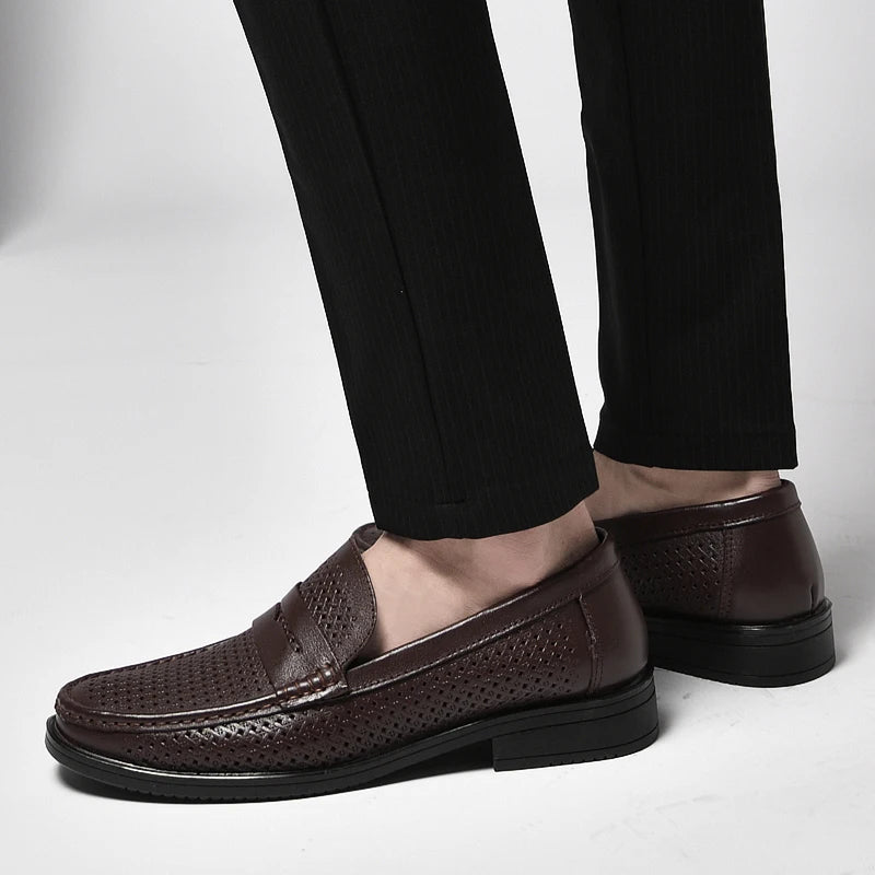 Italian Luxury Penny Men Shoes Male Business Loafers Moccasin Genuine Casual Flats Slip-On Walking Hollow Out Shoes