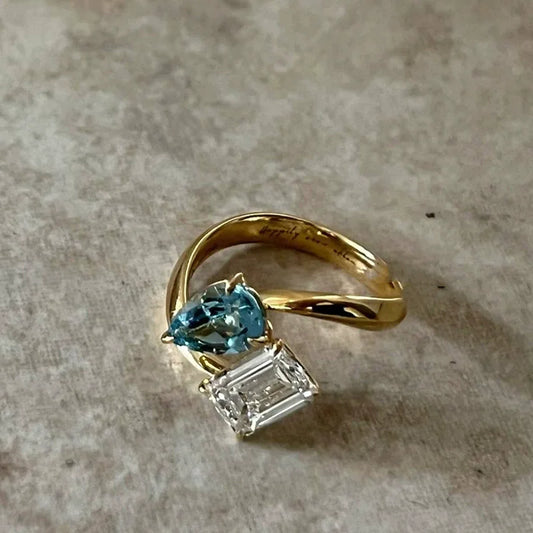 xiyanike Women's Adjustable Blue and Clear Zircon Two-Stone Ring, Geometric Open-Band Cocktail Jewelry