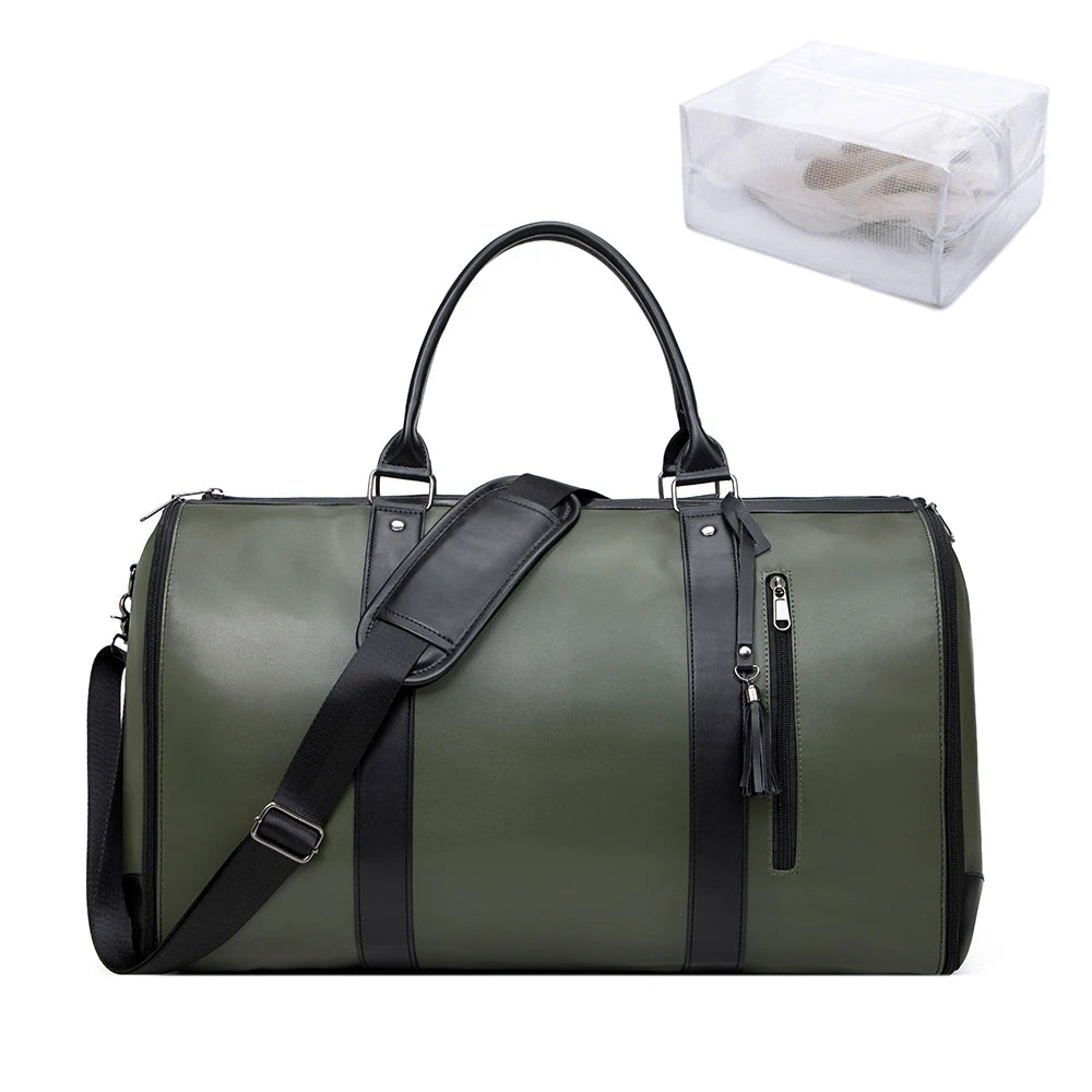 55L Large Capacity Waterproof PU Leather Travel Garment Bag with Shoe Pouch, 2-in-1 Carry-On Suitcase Duffle Bag