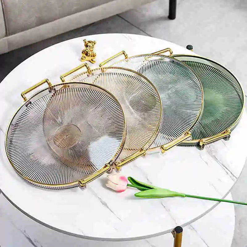Tea Dessert Fruit Storage Tray Living Room Kitchen Dinner Plate with Golden Handle Household