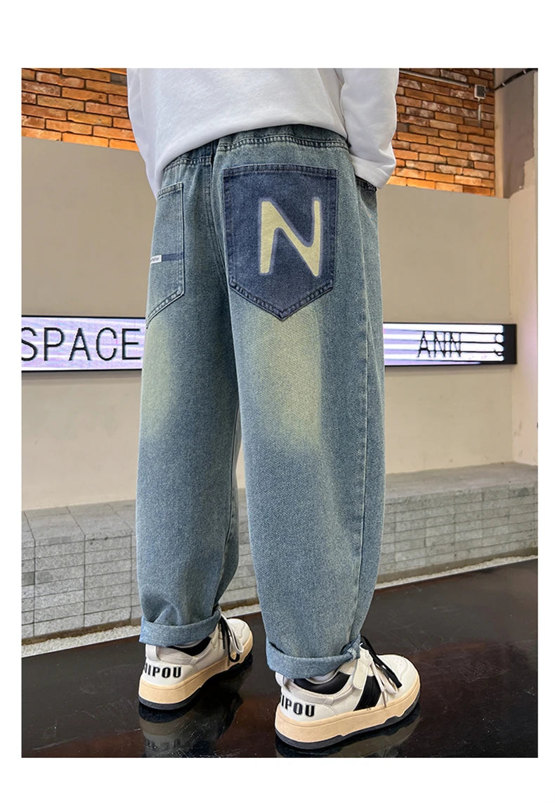 Boys' Straight-Leg Jeans –Street Style, Wide-Leg Fit with Back Pocket Letter Design, Sizes for Medium and Big Kids