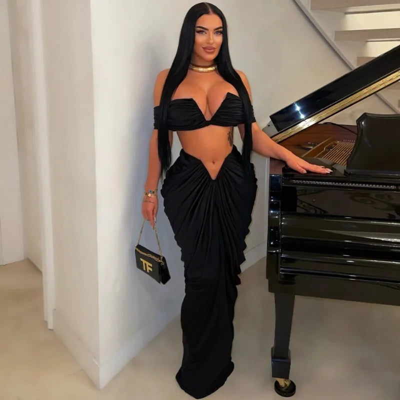 Party Night Ruched Maxi Dress Sets for Women Two Piece Set Sexy Club Outfits Slash Neck Crop Top + Long Skirt Matching Sets