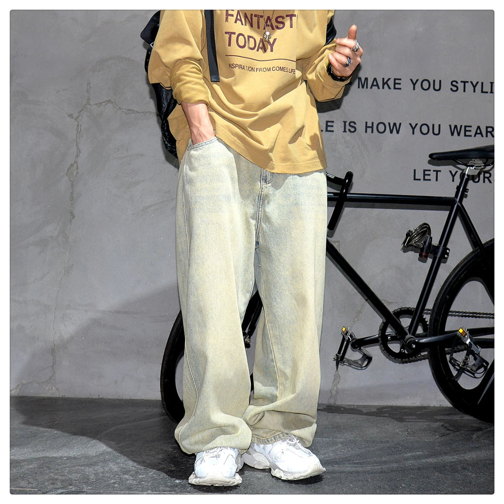Men's Streetwear Baggy Cargo Jeans – Yellow Mud-Dye Distressed Denim Hip Hop Pants