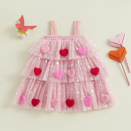 1-9 Years Girls Fashion Valentine Day Dress Kids Star Print Square Neck Sleeveless Children’s Layered Tulle with 3D Heart Clothes