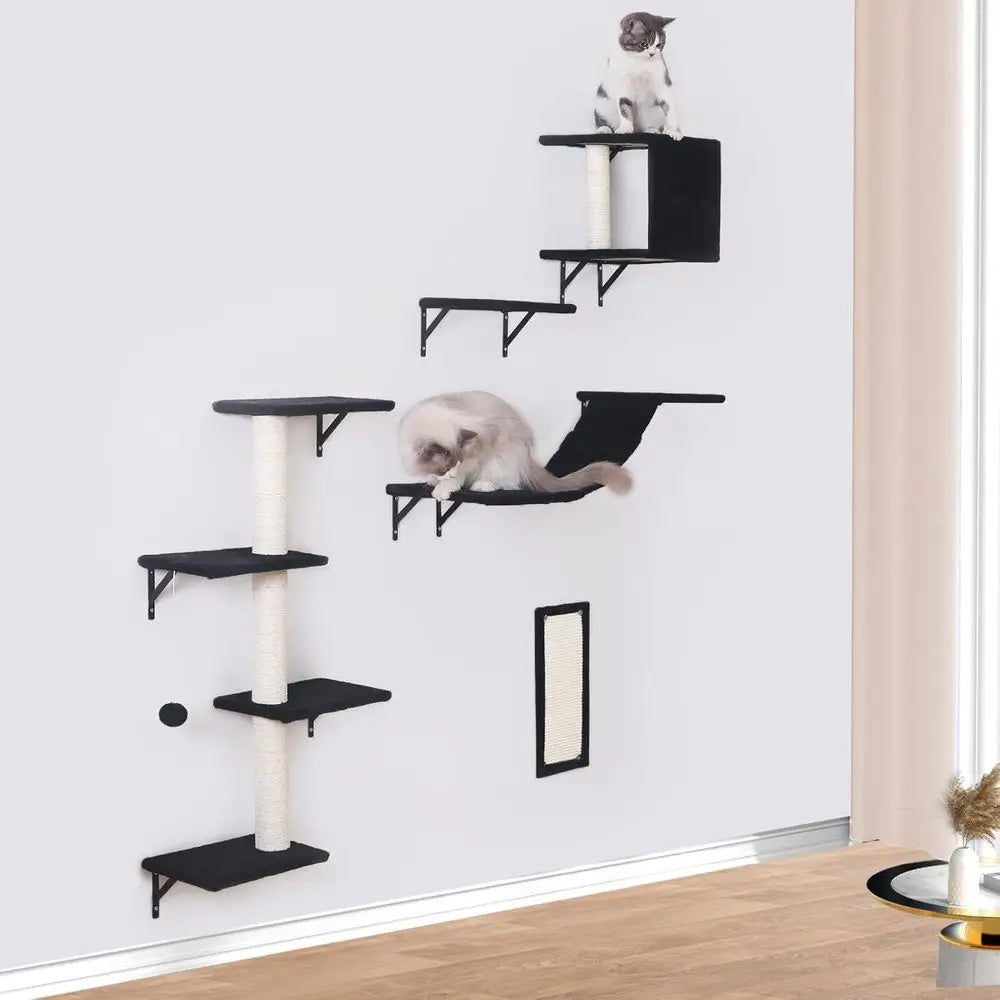 5-Piece Wooden Cat Wall Furniture Set with House, Bridge, Tree, Steps & Scratcher – Black
