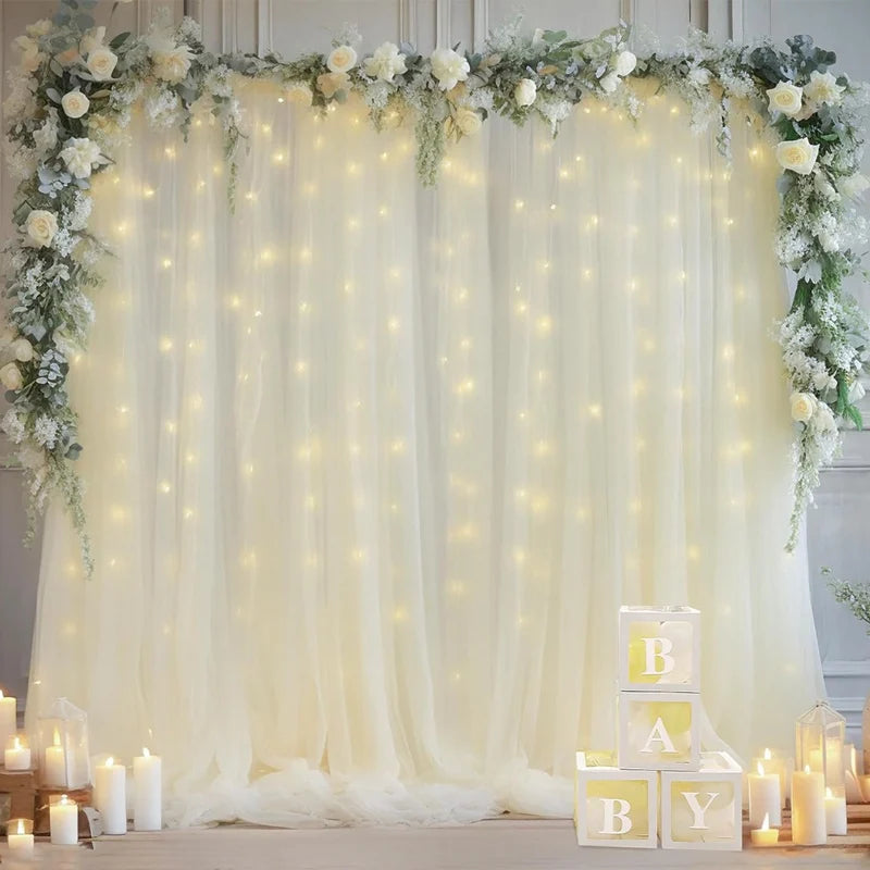 1 Set/2 Pieces Tulle Backdrop Curtains with Lights for Party Wedding Arch Baby Shower Birthday Party Photo Shoot Decorations