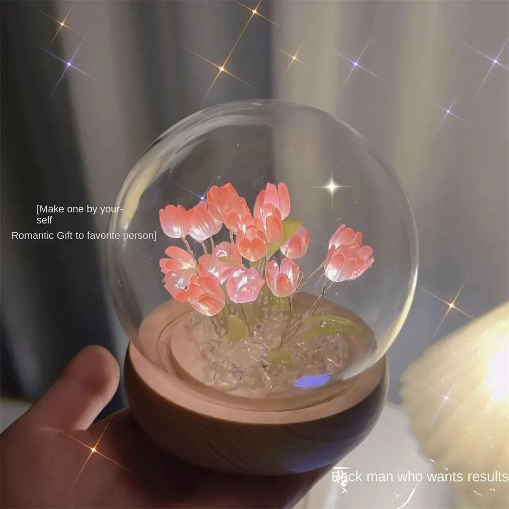 Handmade Artificial Tulip LED Night Light – DIY Transparent Cover Bedside Lamp | Home Decor & Ambient Lighting