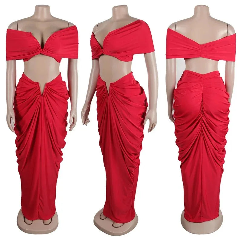 Party Night Ruched Maxi Dress Sets for Women Two Piece Set Sexy Club Outfits Slash Neck Crop Top + Long Skirt Matching Sets