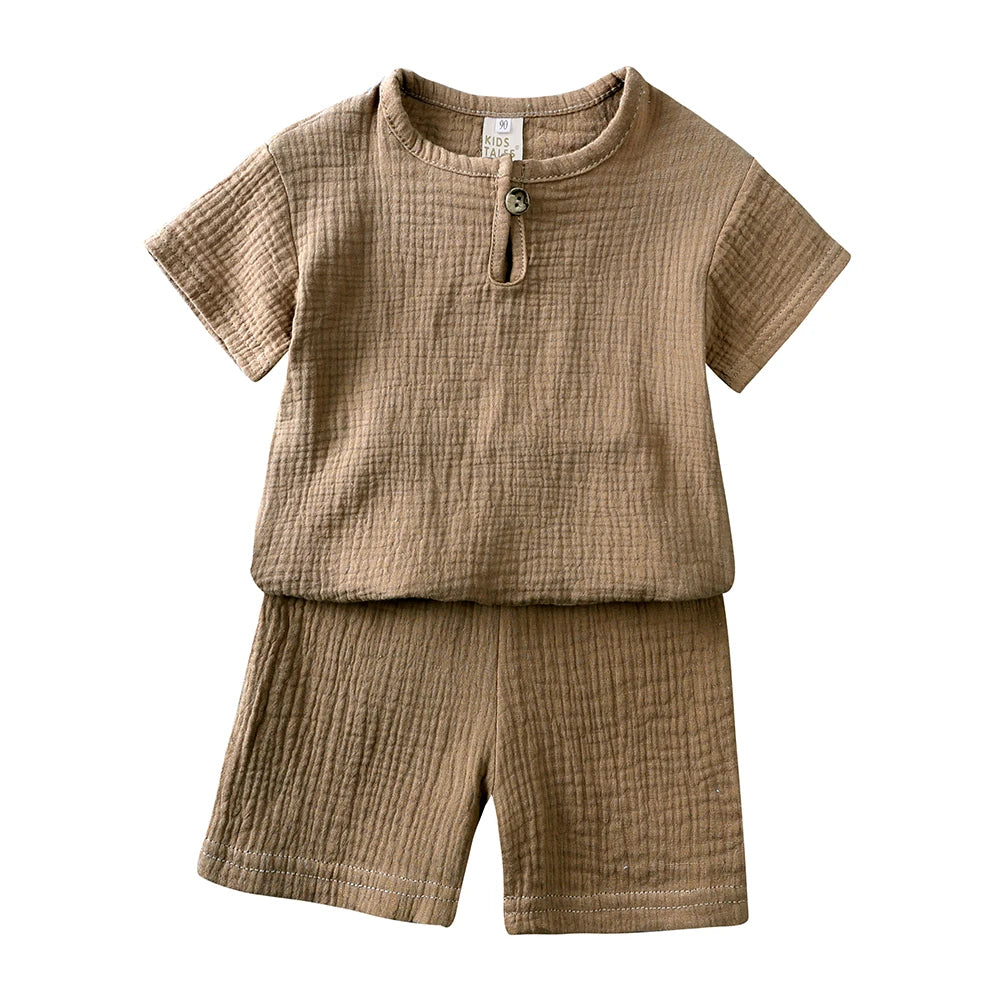 2025 Toddler Summer Boy Girl Outfits Cotton Linen Solid T-shirt Shorts Clothes For Children Korean Casual Breathable Clothes Set
