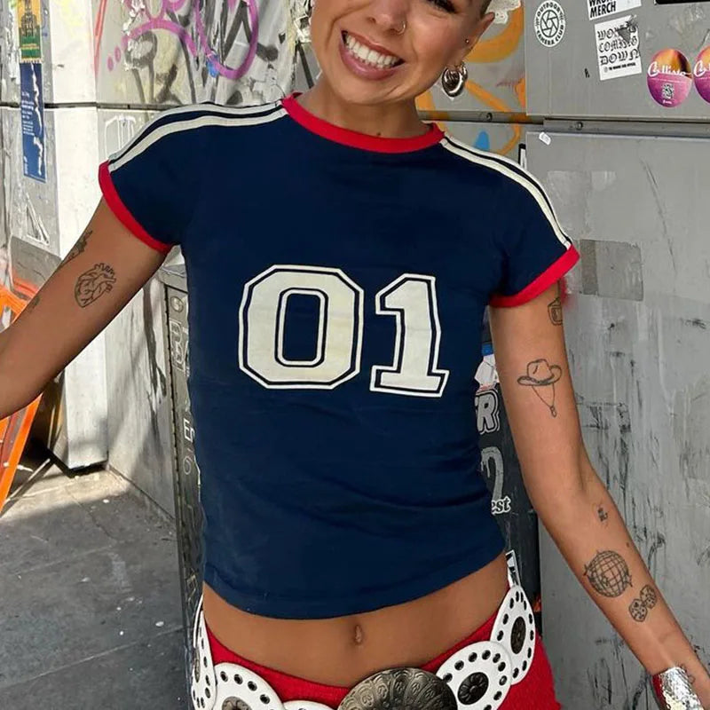 Y2K Aesthetic Summer Crop Top Streetwear Portugal Letter Print Women Short Sleeved Vintage T-shirts