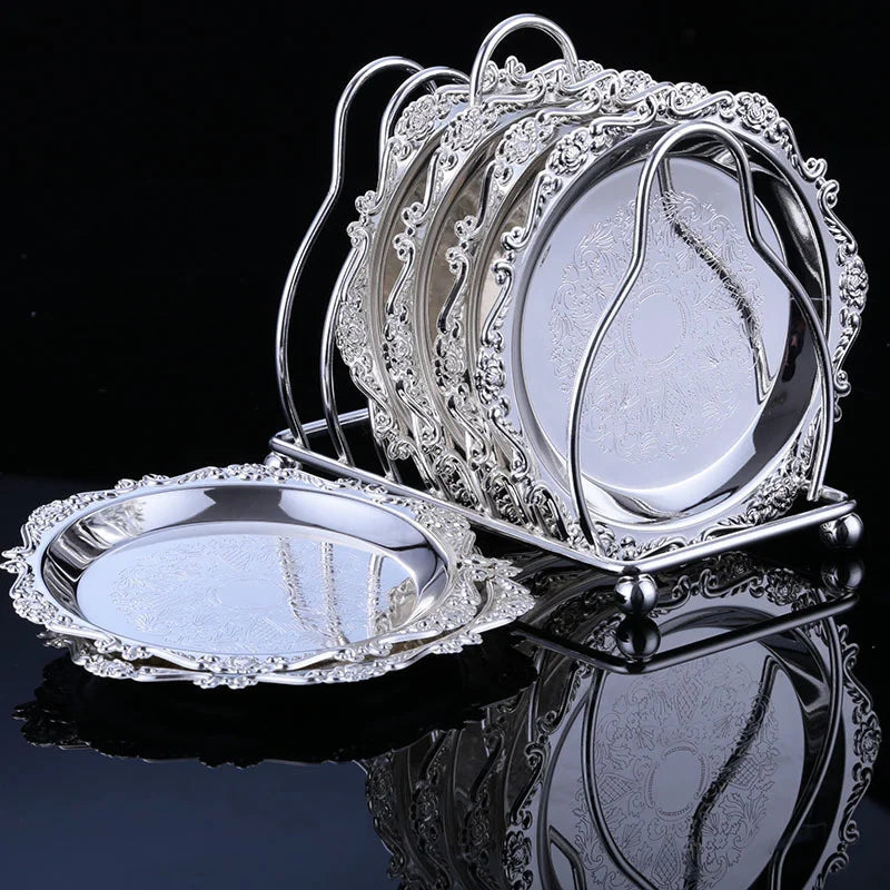 Vintage Golden Cocktail Coaster Metal Exquisite Cake Tray Set Silver Plated Mat Placemat Snack  Dishes Rack Set