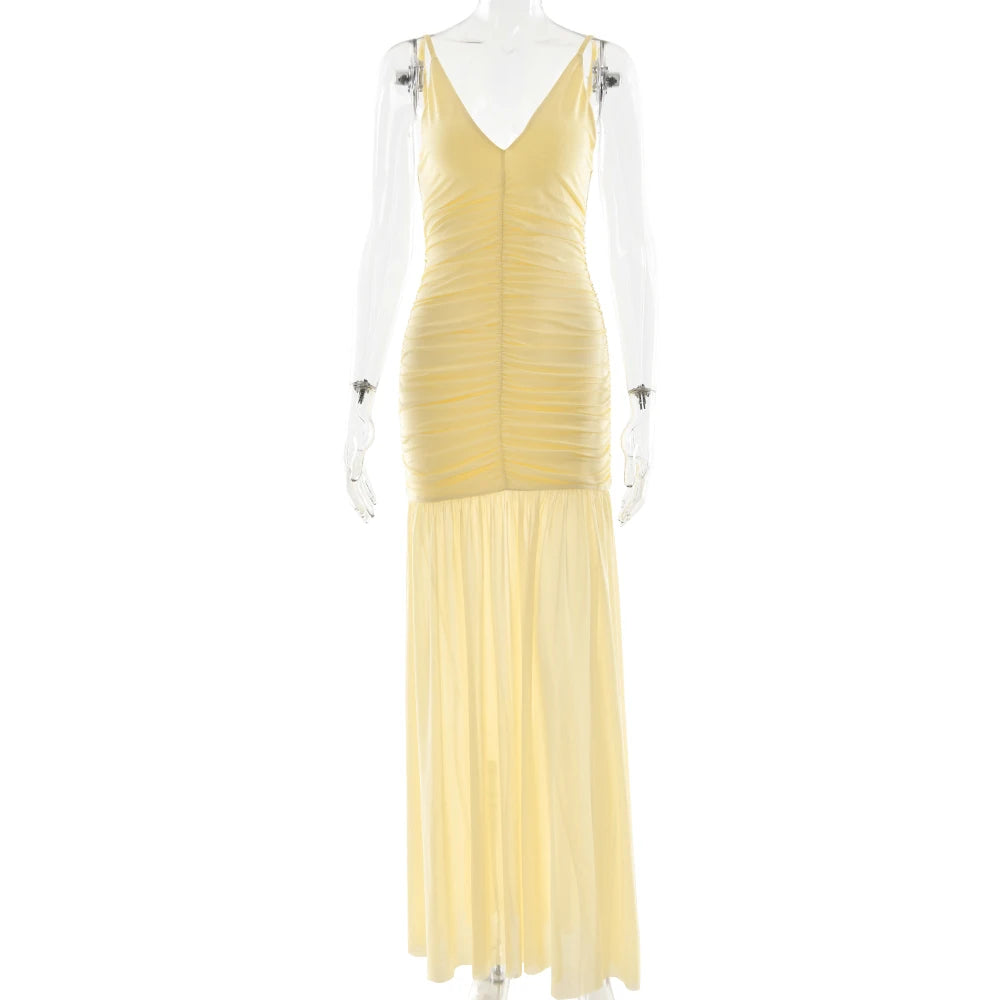 Women's Patchwork V-Neck Maxi Dress – Backless High-Waist Ruched Evening Gown