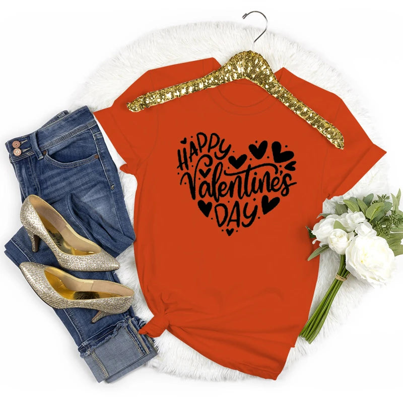 Happy Valentine's Day Crew Neck Short Sleeve T-shirt Women Heart Love Design Fashion Casual Tops Valentines Day Gifts T-shirts