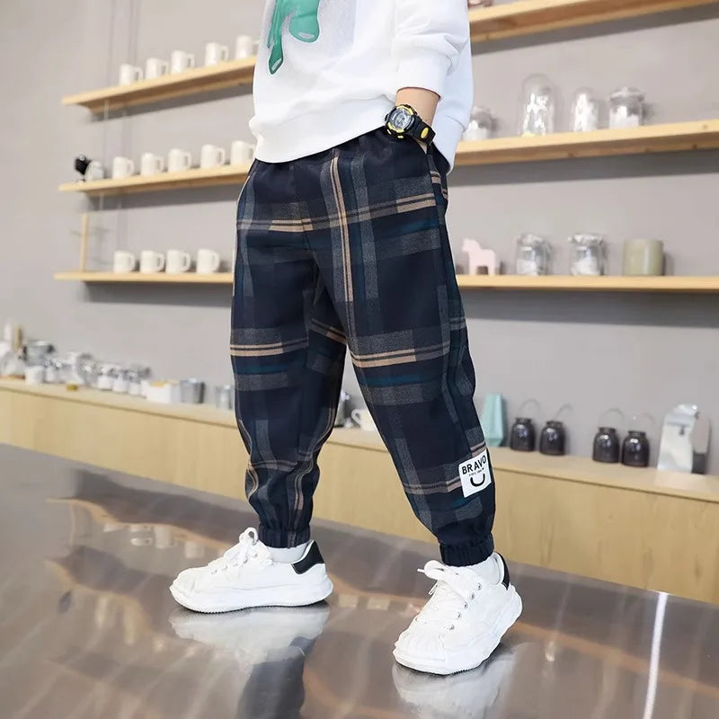 Boys' Cotton Plaid Pants – Casual Loose Fit Trousers for Kids & Teens (Spring/Autumn)