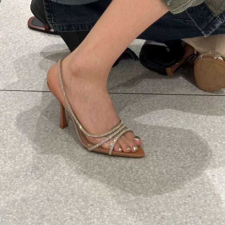 Women's High-Heeled Sandals – Pointed Toe, Thin Heel, Bright Stripe Design | Elegant Formal Dress Shoes